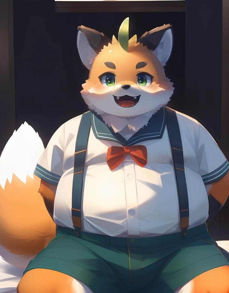 (((detailed eyes, detailed face))), (furry, iyo <lora:character_iyo_findigo_v2:1>, two-tone fur, ahoge, fox boy, snout, green eyes), male, (solo), (plump, fat, chubby, overweight), (white shirt, sailor collar, green shorts, suspenders), sitting, (arms behind back), smile, (front view) BREAK (konzaburou, ukan_muri), bedroom, (flat shading, flat color, high brightness), 8k, UHD, masterpiece, (full body)