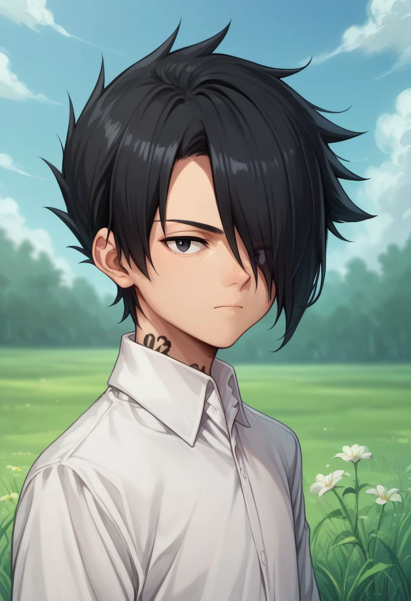 score_9, score_8_up, score_7_up, source_anime, highly detailed, 
ray, 1boy, black hair, hair over one eye, male focus, shirt, white shirt, black eyes, looking at viewer, collared shirt, upper body, closed mouth, number tattoo, 
outdoor, grass, sky,