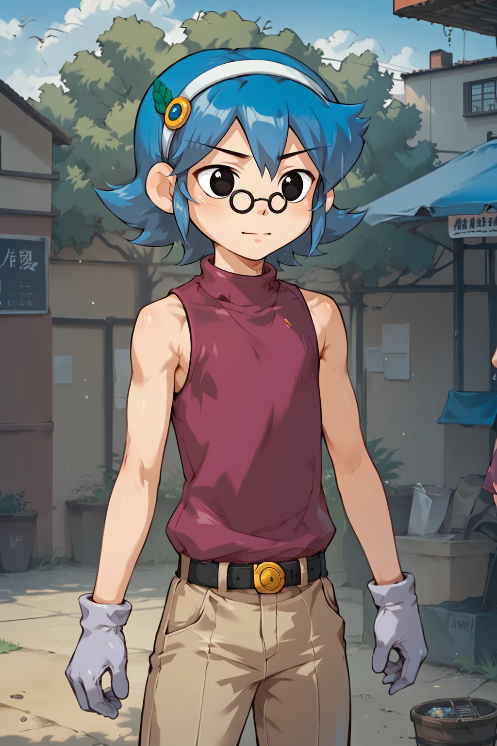 score_9, score_8_up, score_7_up, score_6_up, score_5_up, score_4_up, source_anime, cowboy shot, solo, outdoors, deliki, kid, blue hair, hair ornament, white hairband, (black eyes:1.3), glasses, magenta shirts, turtleneck, sleeveless, white gloves, belt, pant, <lora:Delikipony:0.85>, <lora:Concept Art Eclipse Style LoRA_Pony XL v6:0.6>