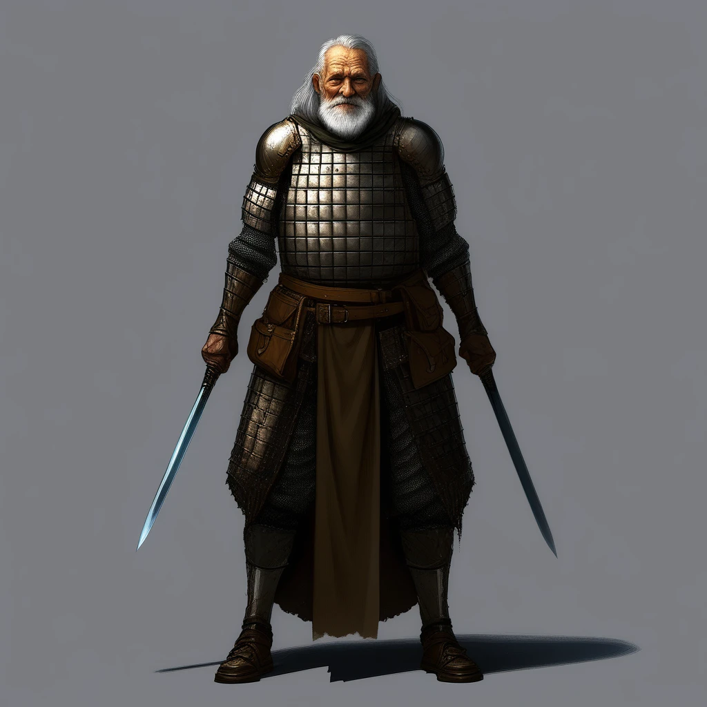 Masterpiece full body drawing of an old man in SCLARMR, scale armor, holding sword, simple background, concept art