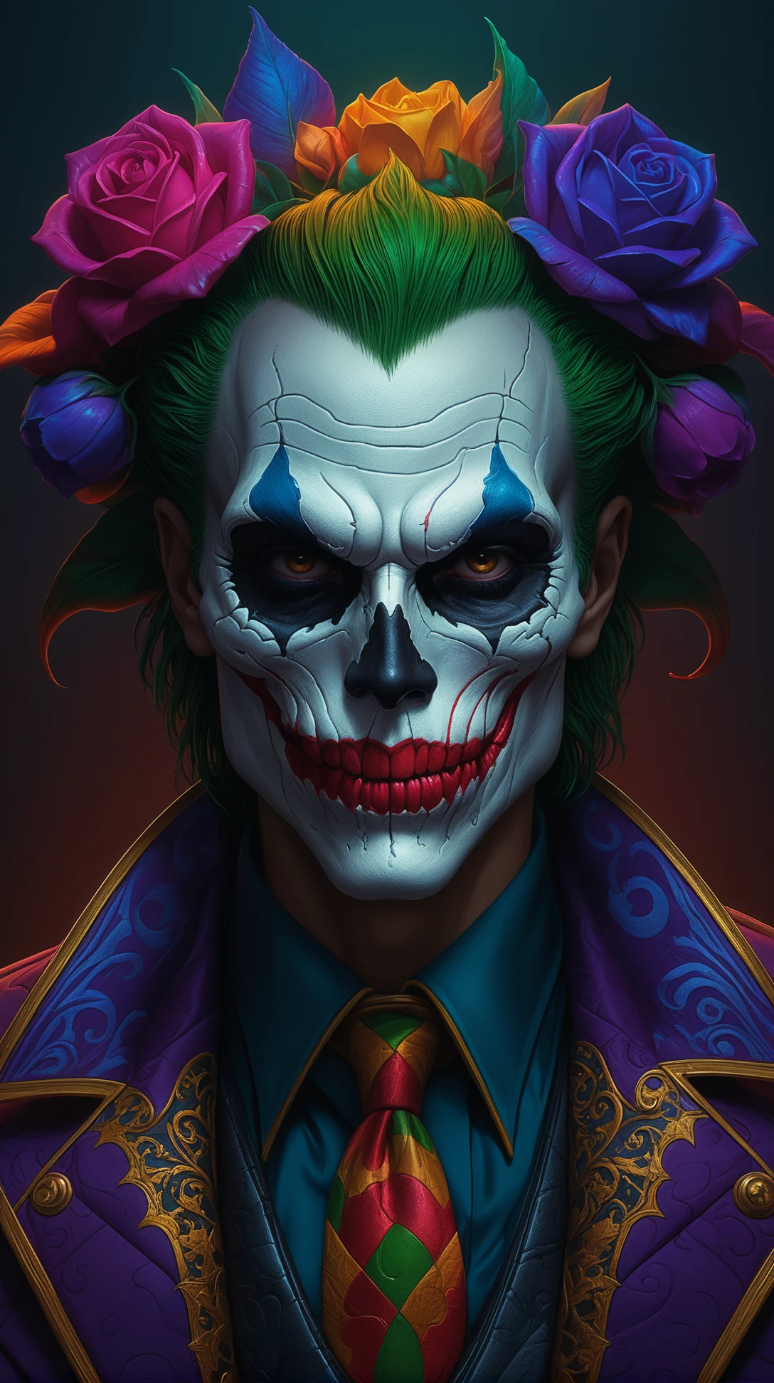 Hyper realistic art skull joker demon concept art portrait by Casey Weldon, Olga Kvasha, Miho Hirano, hyperdetailed intricately detailed gothic art trending on Artstation triadic colors Unreal Engine 5 detailed matte painting, deep color, fantastical, intricate detail, splash screen, complementary colors, fantasy concept art, 8k resolution, gothic DeviantArt masterpiece . Extremely high-resolution details, photographic, realism pushed to extreme, fine texture, incredibly lifelike