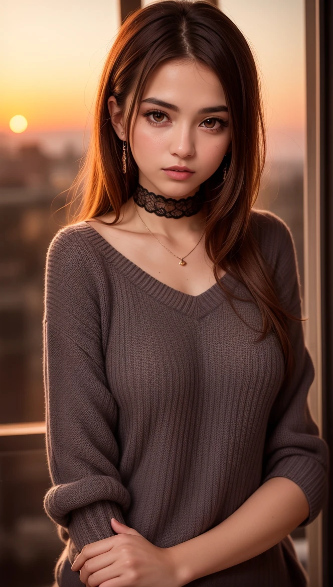 1 young cute iranian girl, very slim, skinny, redhead, rouge, red neck lace choker, cateyes makeup, colorful, oversize knit jumper, softcore, warm lighting, cosy atmosphere, Instagram style, red theme, upper body shot,(cinematic, black and red:0.85), (sunset beautiful background:1.3), sharp, dim colors