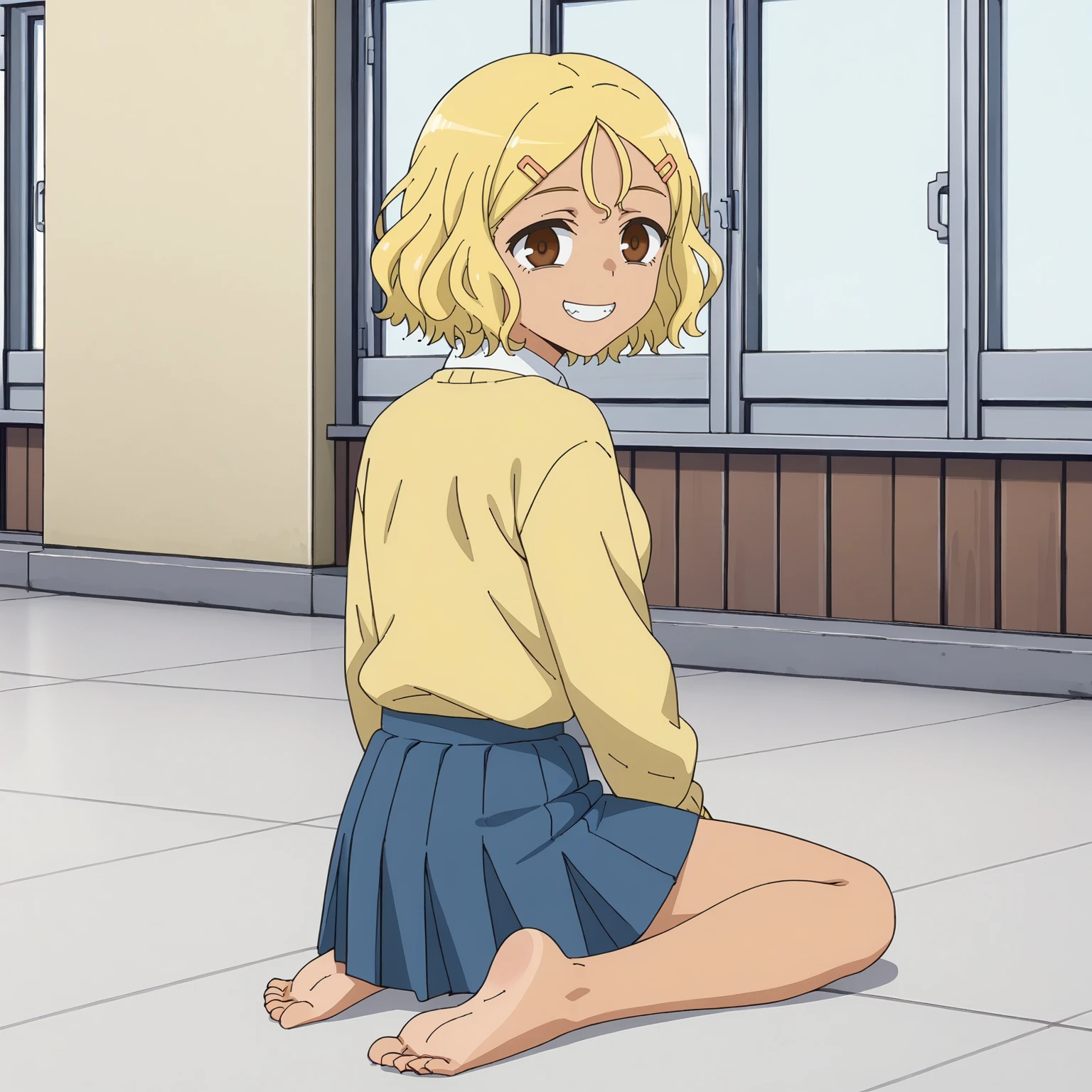 <lora:SakuraXLpony001>,
grin,
solo,
Sakura,1girl,blonde hair,short hair,hairclip,brown eyes,tan,
white shirt,yellow sweater,
blue skirt,
full body,sitting,looking back,