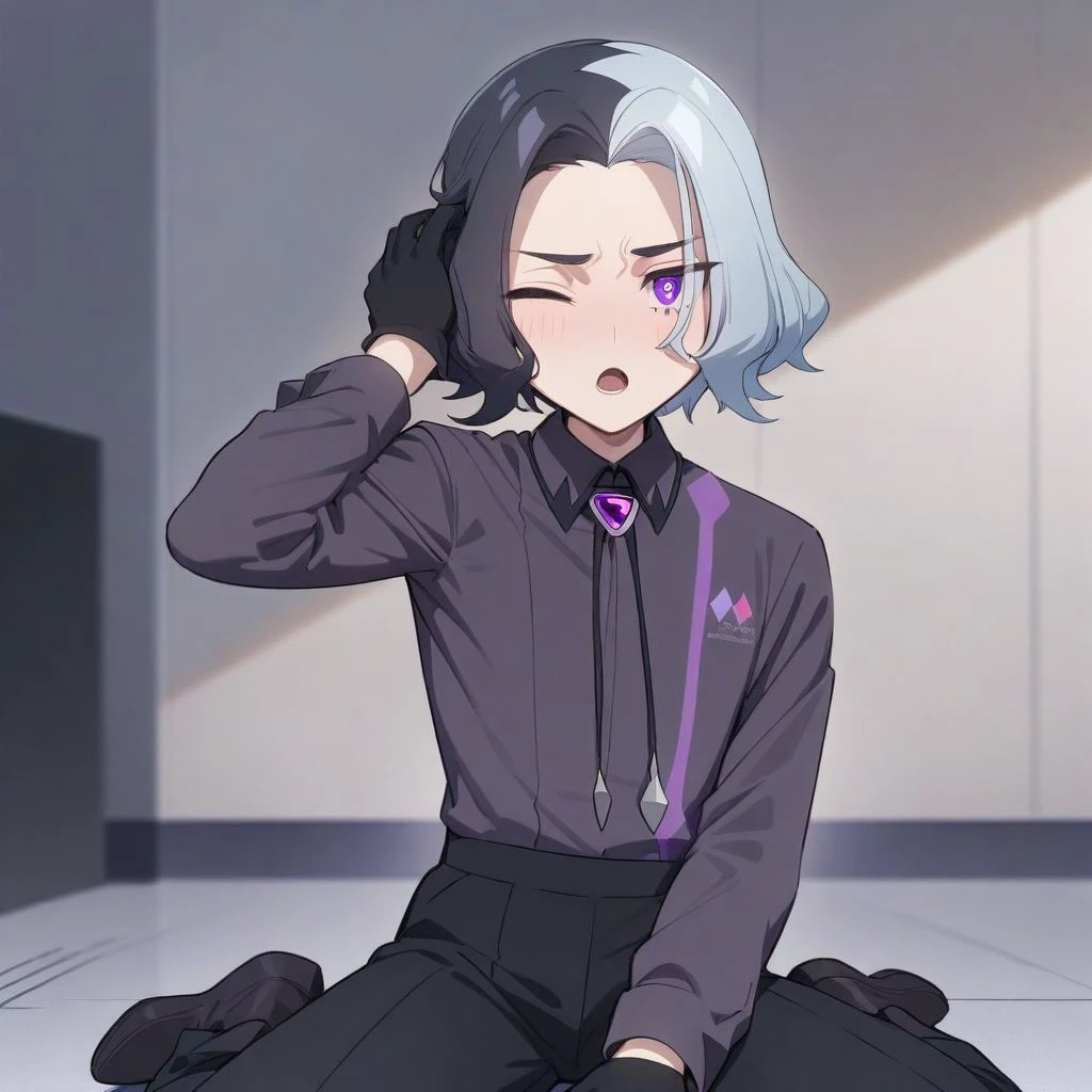 masterpiece, best quality, aesthetic, high quality, solo, 1boy, male focus, short hair, white hair, black hair, two-tone hair, multicolored hair, purple eyes, black gloves, jewel, brooch, black shirt, black pants, collared shirt, long sleeves, indoors, sitting, on ground, open mouth, one eye closed, embarassed, wariza, hand on own head