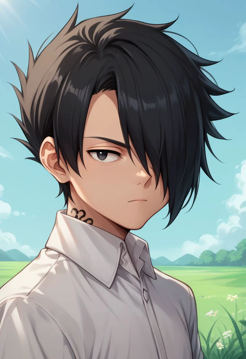 score_9, score_8_up, score_7_up, source_anime, highly detailed, 
ray, 1boy, black hair, hair over one eye, male focus, shirt, white shirt, black eyes, looking at viewer, collared shirt, upper body, closed mouth, number tattoo, 
outdoor, grass, sky,