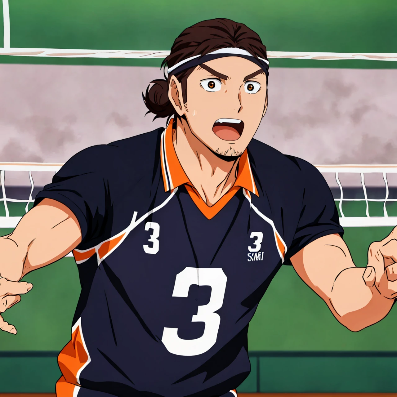 1man, solo, volleyball, asahi azumane, the anime haikyu, brown long headbanded hair, volleyball uniform, number 3, digit three, orange black uniform colors,  open mouth, scream,
masterpiece, best quality, epic, active pose,
<lora:Asahi_Azumane_Haikyu_V01:0.65>,   <lora:concept_aquascreaming:0.4> , <lora:crazyExpressions_crazyExpressions:0.4>