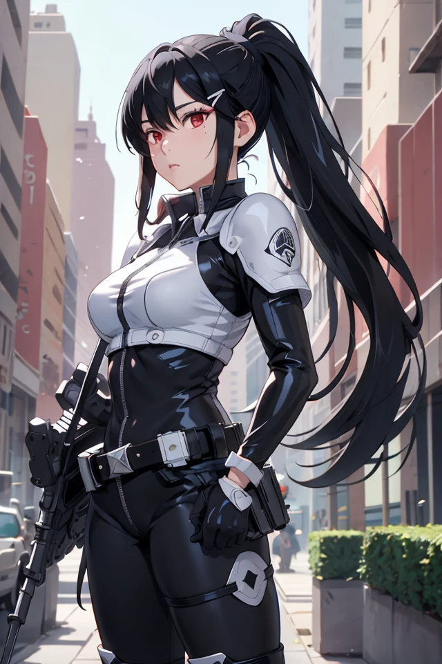 (Mina_Ashiro), 1girl, solo, red eyes, black hair, mole under eye, hair ornament, breasts, hair behind ear, ponytail, bangs, hair between eyes, hairclip, perfect eyes, perfect face, detail eyes, tall, White background, standing, Cowboy shot, neon lamp, Black leather tights, black high boots, black belt bag, triangle hairpin,