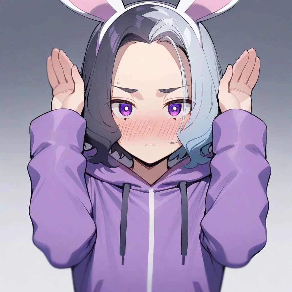 masterpiece, best quality, aesthetic, high quality, solo, 1boy, male focus, short hair, white hair, black hair, two-tone hair, multicolored hair, purple eyes, onesie, hood, hooded onesie, purple onesie, rabbit pose, hands up, fake rabbit ears, fake animal ears, animal ear onesie, blush