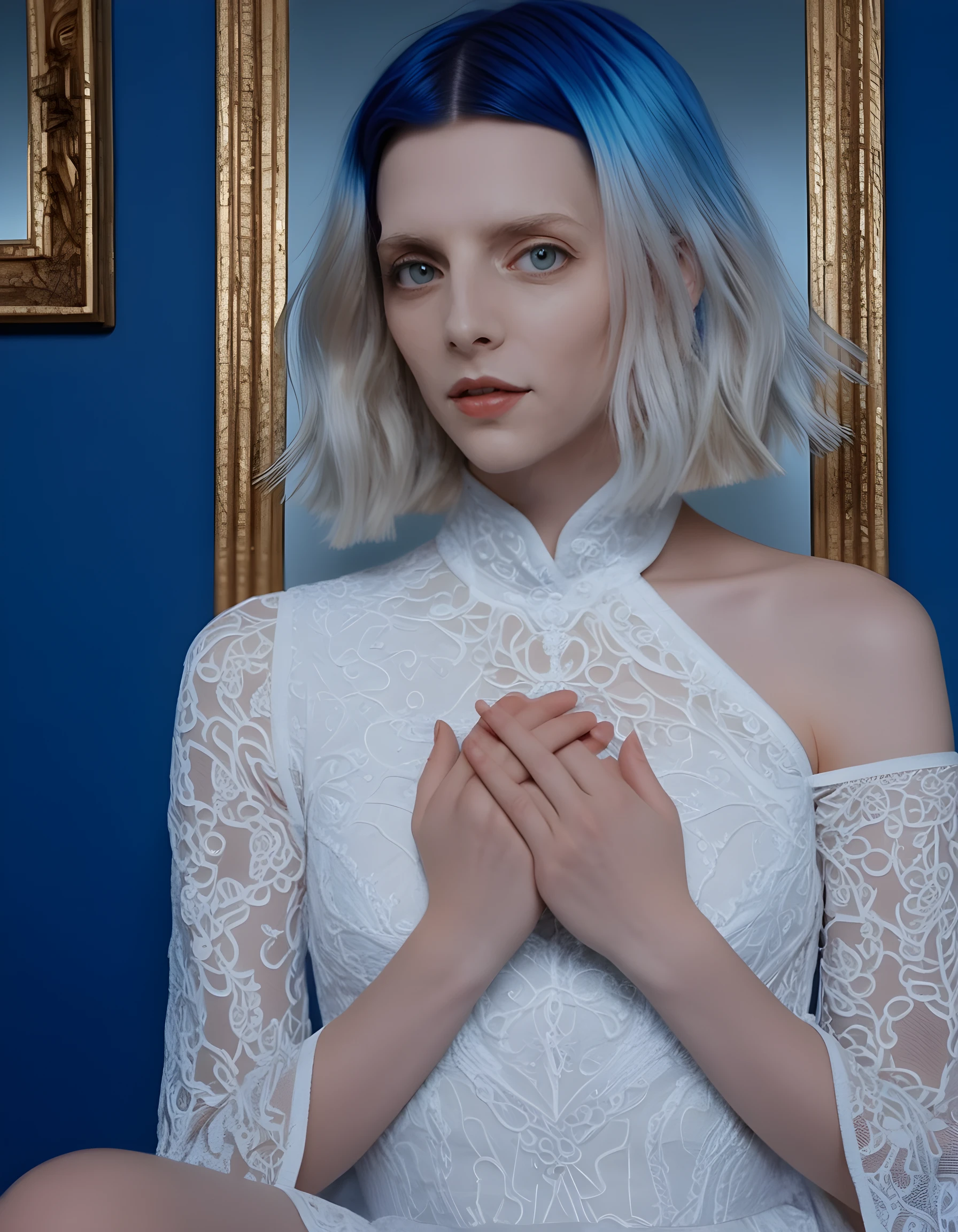 In a surrealist noir setting, a woman with striking blue hair and brown roots, named 4UR0R4, stands against a deep azure backdrop that mirrors her electric hair. Her long, wavy blonde hair cascades over one shoulder, framing a close-up of her face adorned in a pristine, floor-length white dress. The dress, delicately embroidered with intricate patterns, seems to shimmer as it catches the dim, ambient light from a single, swinging bulb overhead. Her closed mouth and almond-shaped eyes gaze directly into the camera, exuding an air of mystery and enigma, while her hands are folded demurely in her lap, further emphasizing her quiet strength and silent allure. The simple background consists of a blank, white wall that serves as a stark contrast to 4UR0R4's vibrant appearance, highlighting her unique style and captivating presence.