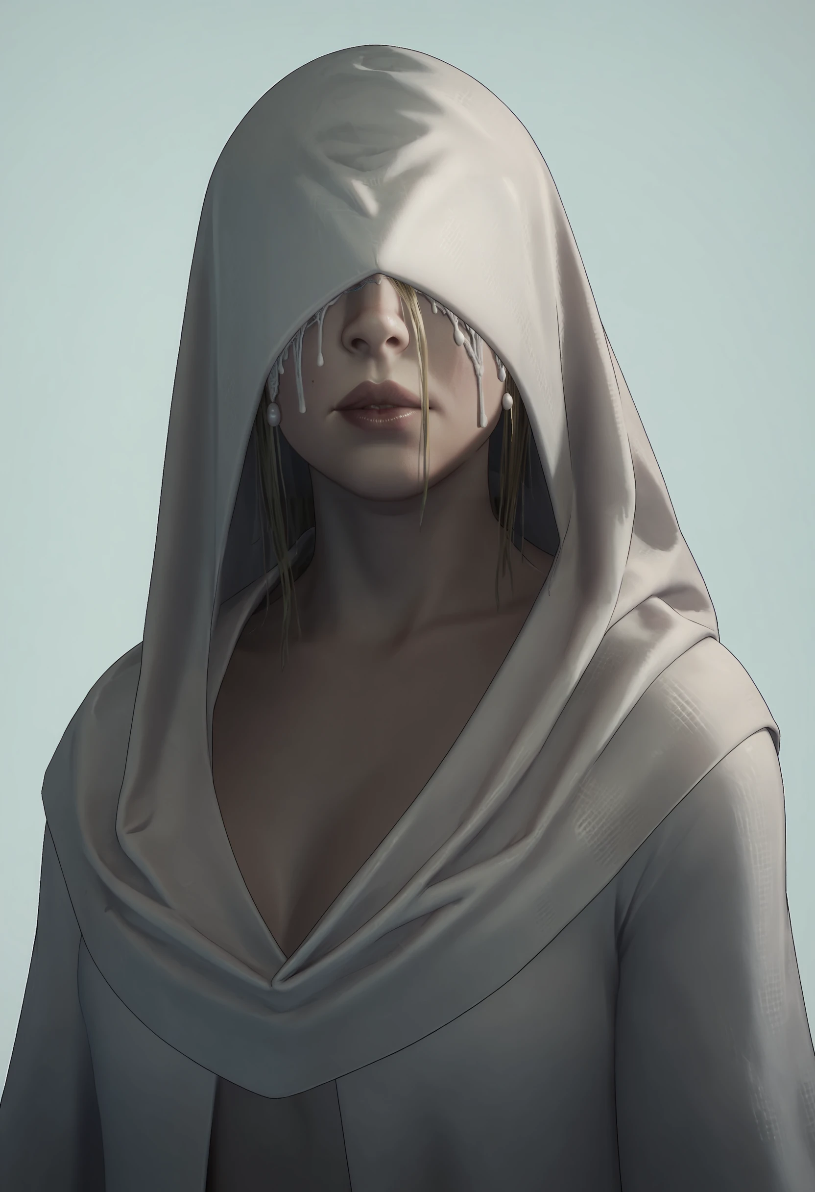 score_9, score_8_up, score_7_up, score_6_up, score_5_up, score_4_up, 1girl, <lora:MyraCastellanosPlaster:0.85> solo, blonde hair, lips, covered eyes, robe, hood, hood up, veil, 
light blue background, simple background,