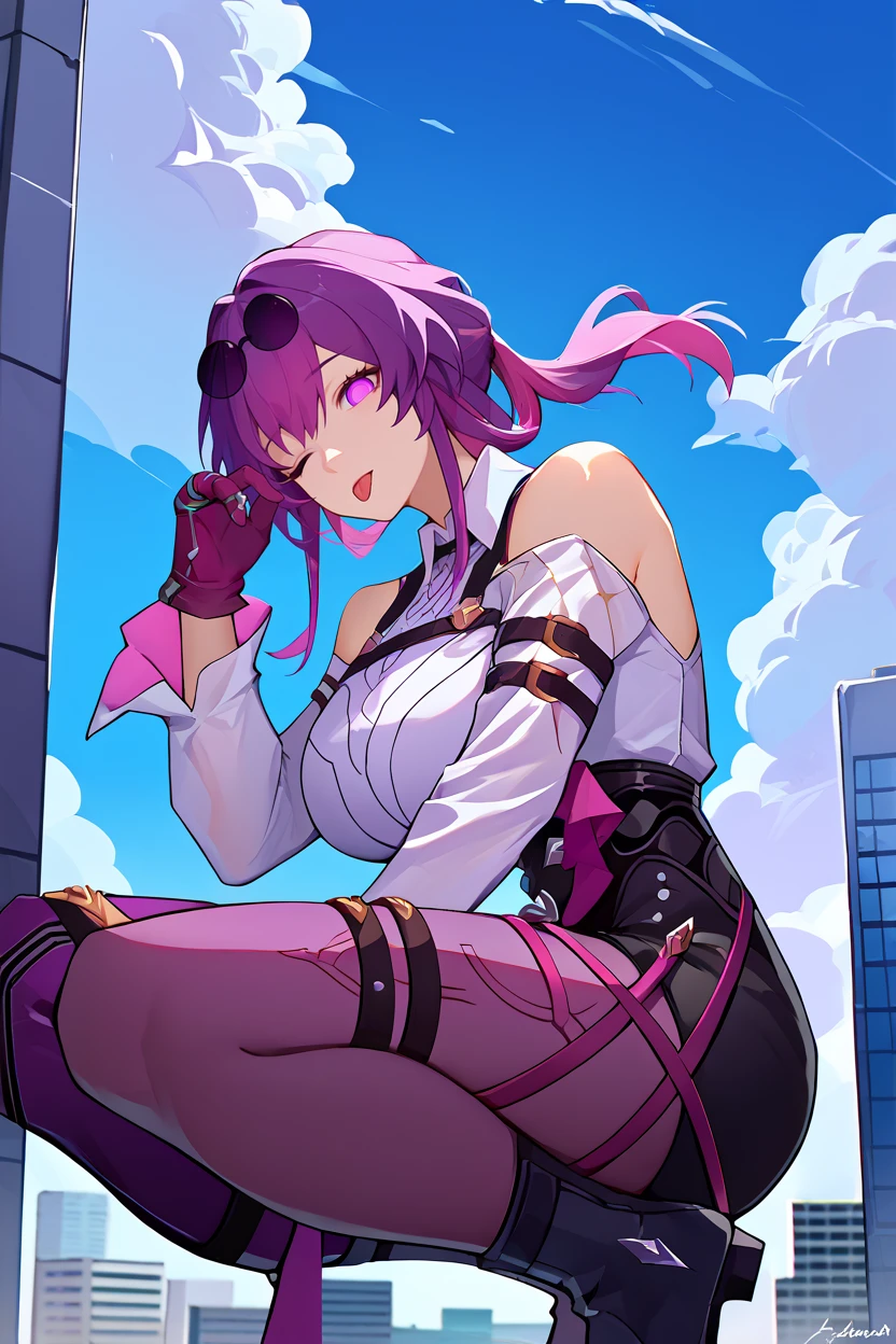 score_9, score_8_up, score_7_up, score_6_up, source_anime, 1girl, solo, <lora:kafka-pdxl-nvwls-v1-000005:1> hsrkf, purple hair, purple eyes, blank eyes, ponytail, sunglasses on head, bare shoulders, collared shirt, white shirt, long sleeves, high-waist shorts, black shorts, purple gloves, black shorts, purple straps, thigh straps, purple pantyhose, single thighhigh, boots, large breasts, squatting, from below, tongue, wink, looking at you, blue sky, clouds, city