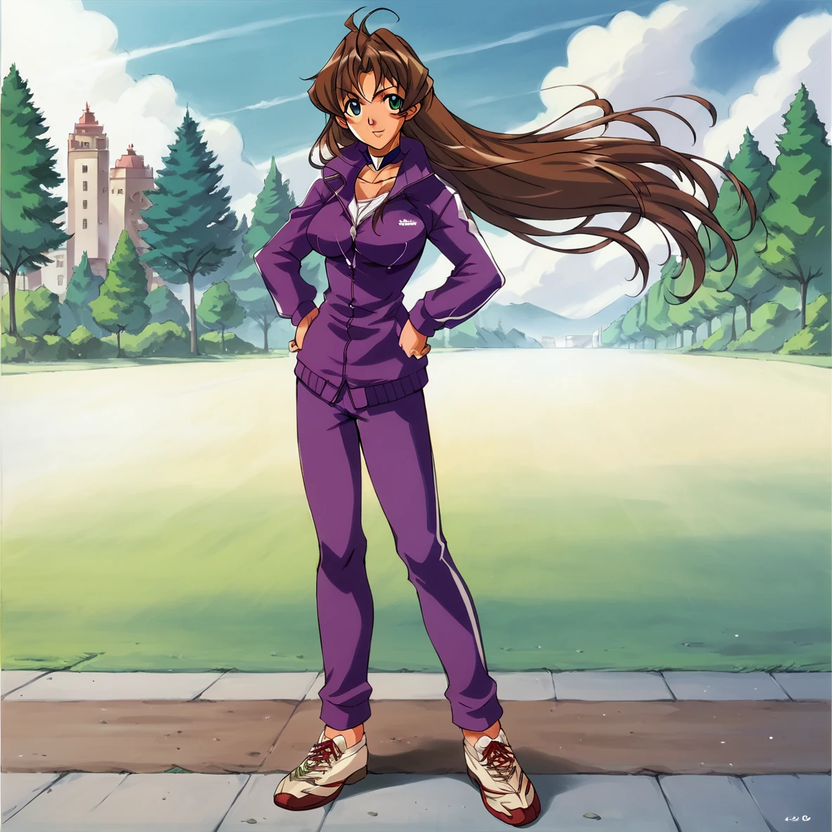 score_9, score_8_up, score_7_up, score_6_up, score_5_up, score_4_up, BREAK,   <lora:Hibiki_amawa:1>, hibiki amawa, 1girl, solo, long hair, brown hair, long sleeves, green eyes, jacket, outdoors, shoes, choker, day, pants, tree, sneakers, zipper, track jacket, hands on hips, track suit, track pants