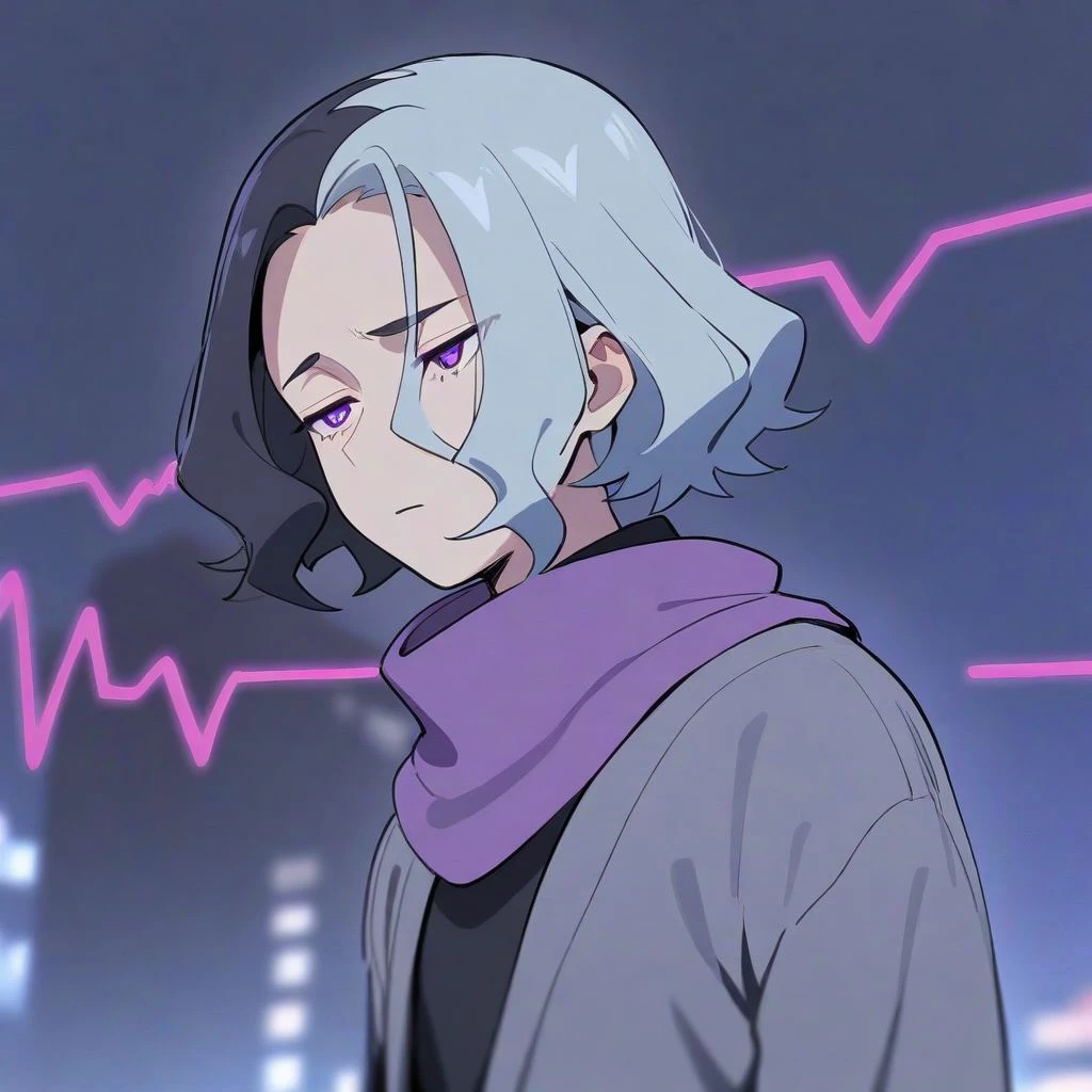 masterpiece, best quality, aesthetic, high quality, solo, 1boy, male focus, short hair, white hair, black hair, two-tone hair, multicolored hair, purple eyes, half-closed eyes, boush, heartbeat, electrocardiogram, black shirt, grey cardigan, outdoors, looking away, tsundere, purple scarf,