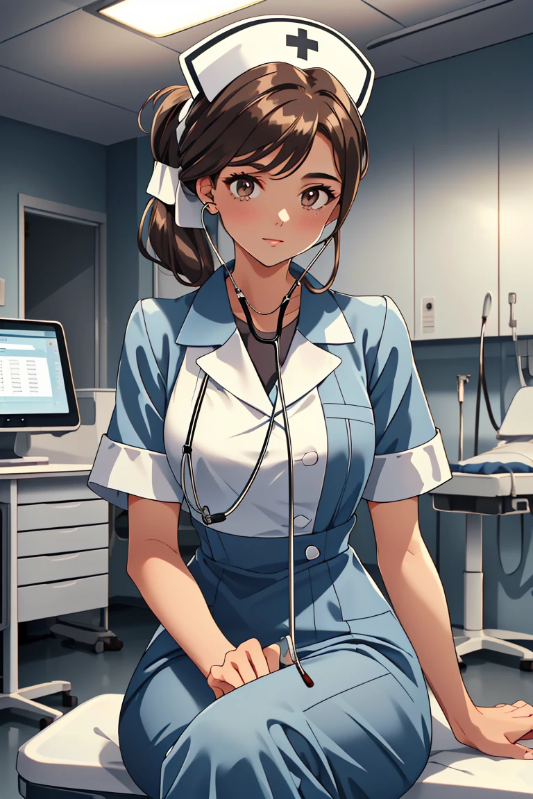 (RAW photo, best quality,facing the viewer,from front), operating room, overhead surgical light,blurred background, focused, dithering,backlighting,
 <lora:CM_Nurse_Stethoscope_Listen_V2.0-000005:0.85> nurse_listensteth, 1girl, solo, nurse, stethoscope, nurse cap, sitting, 
 <lora:Klaviana_V1.0:0.7> klaviana,brown hair, brown eyes,folded ponytail, 1990s (style),