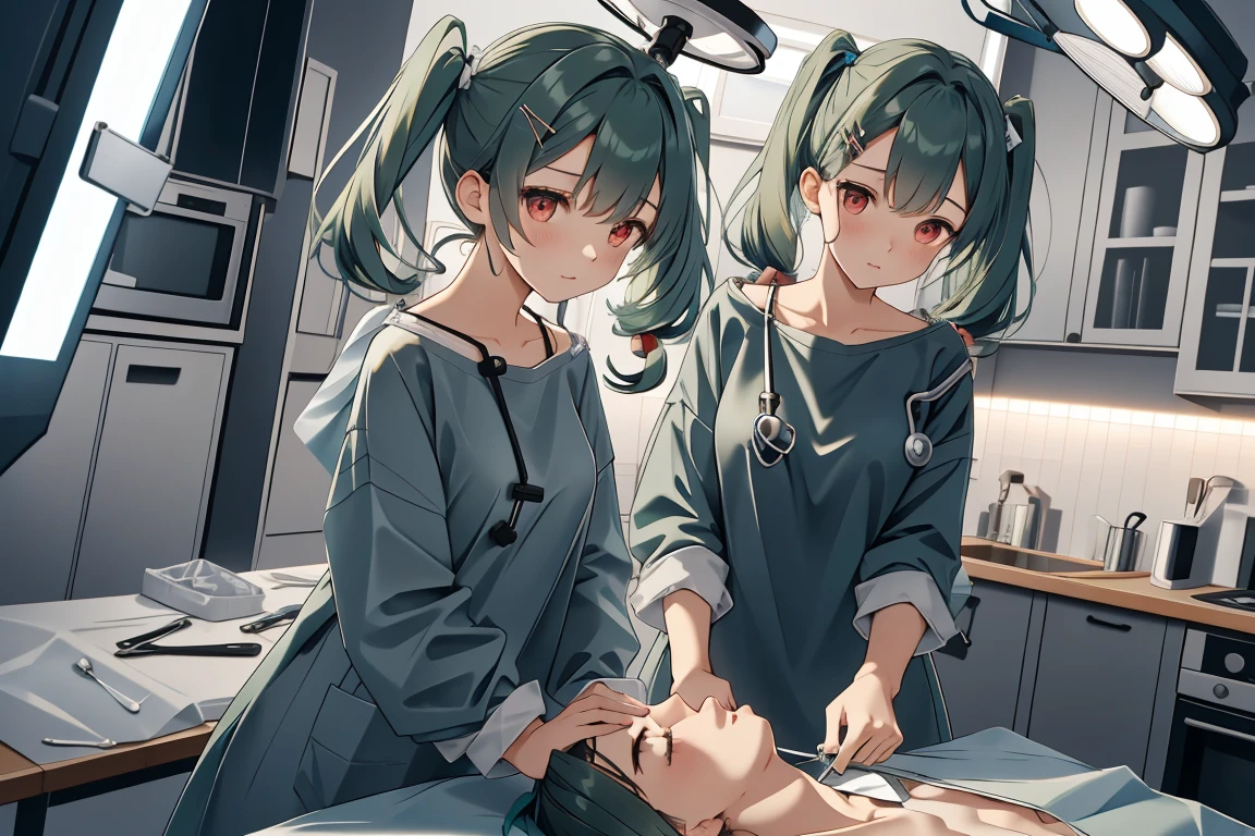 (RAW photo, best quality,facing the viewer,from front), operating room, overhead surgical light,blurred background, focused, dithering,backlighting,
 <lora:CM_Scene_Surgery_Homemade_V2.0-000007:0.85> scene_homemadesurg, surgical mask, multiple girls, intravenous drip, doctor,
 <lora:Clare Sniders:0.7>clare sniders, oc ch9, 1girl, hair ornament, red eyes, twintails, hairclip, swept bangs, hair over shoulder, dark green hair, medium hair, small breasts, sidelocks,