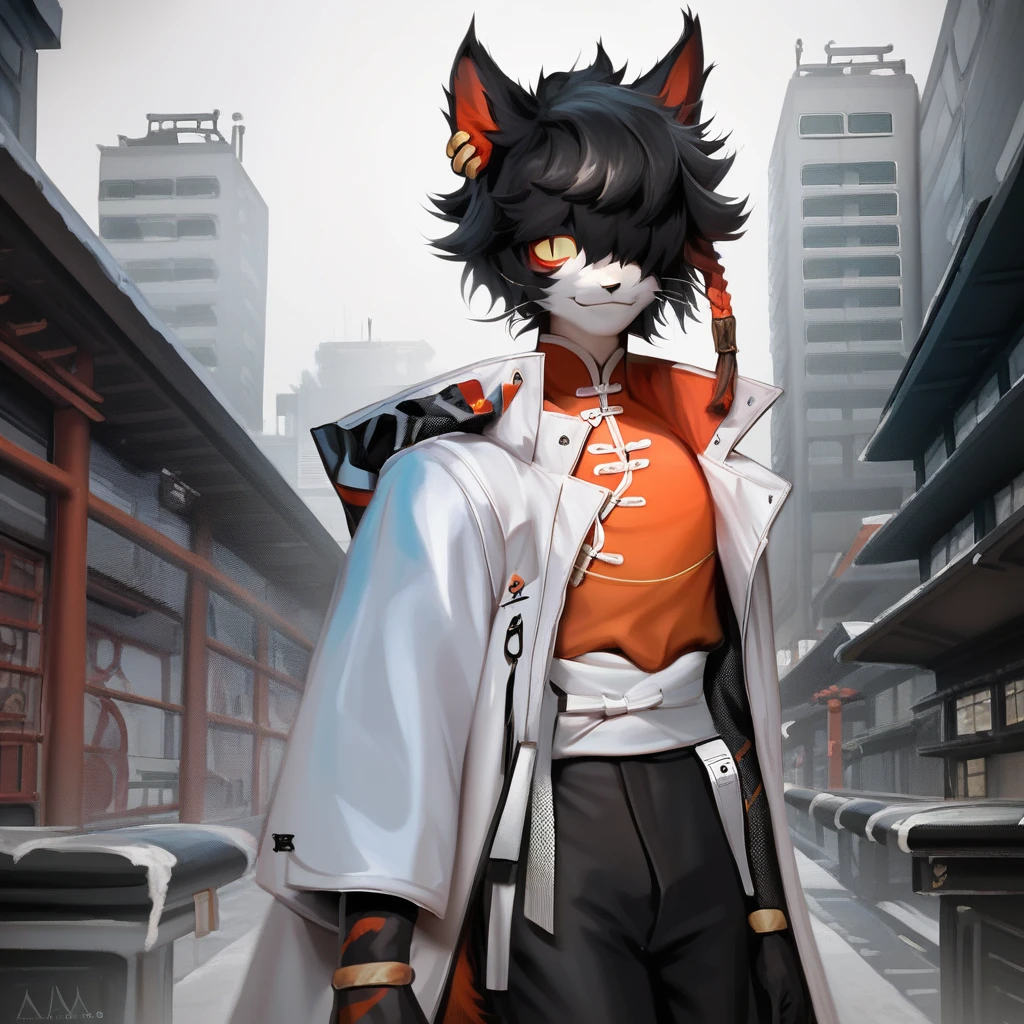 score_9, ((realistic, extremely detailed)), masterpiece, soft lighting, scifi, city, solo furry anthro male (cat) aakarknights, whiskers, black hair, bangs, hair over one eye, earrings, orange single braid, yellow sclera, slit pupils, black pants, white coat, white sash. chinese clothes, orange vest, looking at viewer, smiling<lora:EMS-405490-EMS:0.800000>