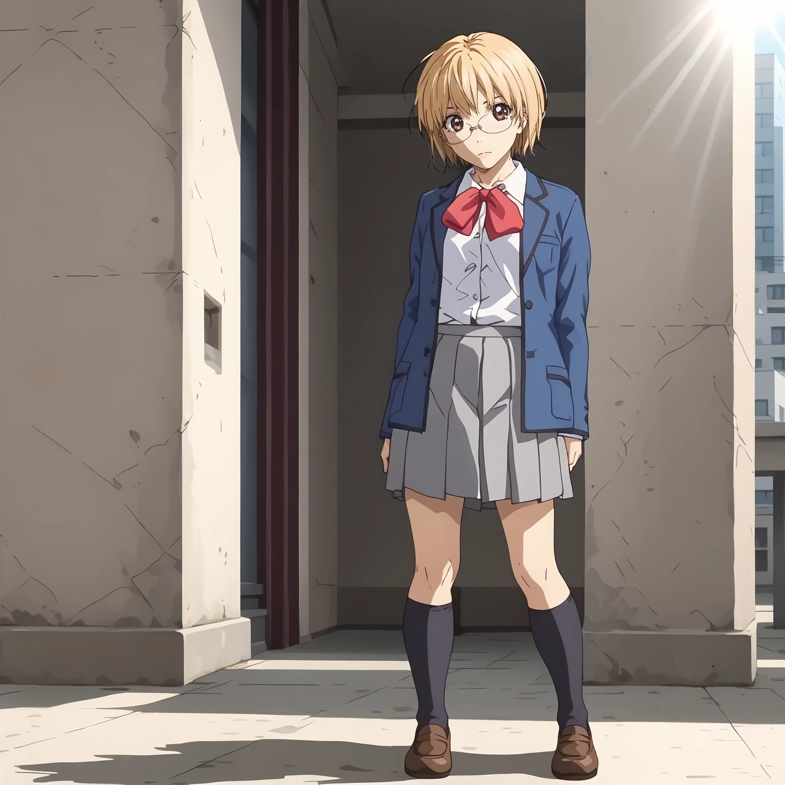 <lora:ShokoShimuraXLpony001>,
solo,
ShokoShimura,1girl,blonde hair,short hair,brown eyes,eyewear,
school_uniform,blue jacket,red bowtie,
pleated_skirt,gray skirt,
black socks,
full body,standing,
realistic background,
city,sunlight,