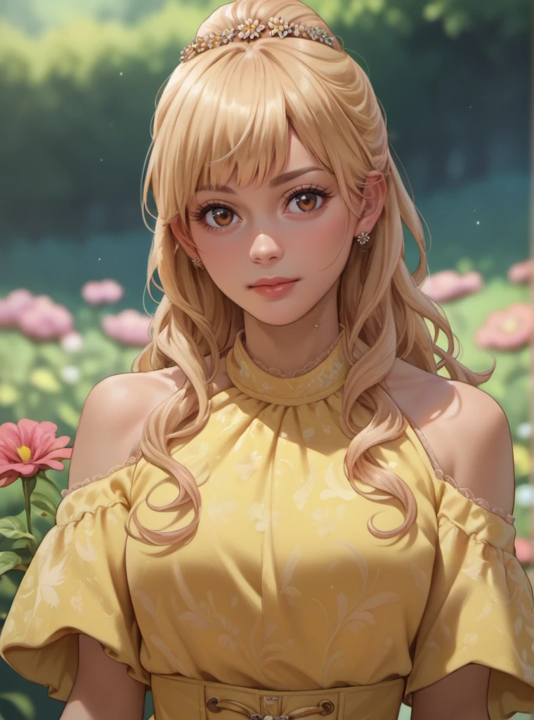 score_9, score_8_up, score_7_up, score_6_up, score_5_up, score_4_up score_9,score_8_up, 1girl, 1girl, hymenoran, brown eyes, (japanese woman), blonde hair, long hair, yellow dress, upper body, front view, flower field, shexyo, anime<lora:EMS-344129-EMS:0.800000>, <lora:EMS-405073-EMS:0.800000>