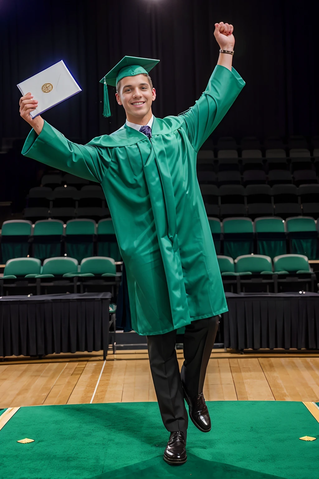 auditorium, graduation ceremony, standing on stage, exuberantly happy, FelixFox wearing green graduation robes, graduation cap and gown, holding a diploma, (((full body portrait))), wide angle  <lora:FelixFox:0.8>