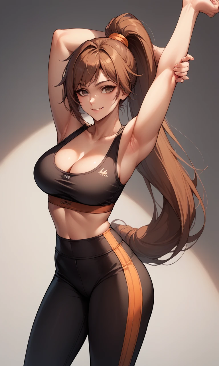 score_9, score_8_up, score_7_up, score_6_up, source_anime, BREAK masterpiece, StrikerDNF, high ponytail, brown eyes, orange hair-tie, black sports bra, black yoga pants, gym stretching, smile, cleavage