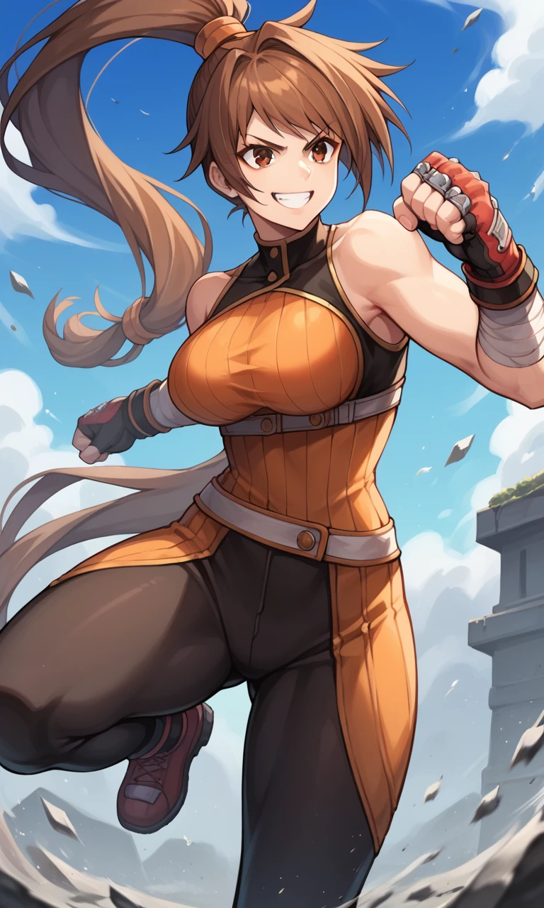 score_9, score_8_up, score_7_up, score_6_up, source_anime, BREAK masterpiece, StrikerDNF, high ponytail, brown eyes, orange hair-tie, orange sleeveless turtleneck, framed breasts, black leggings, fingerless gloves, fighting stance, clenched fist, high kick, smile, open mouth, sky