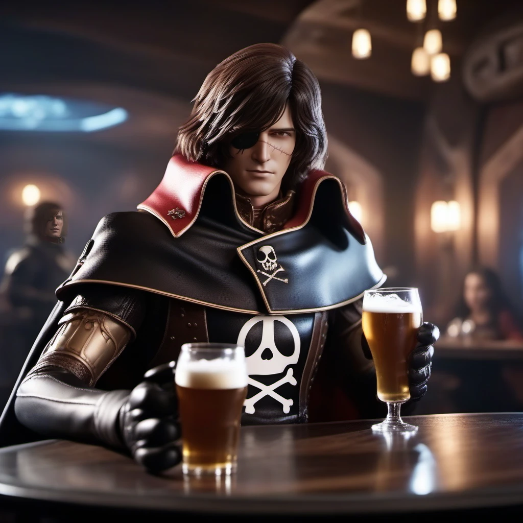 cinematic photo a realistic man, cape, brown hair,  scar, black gloves, having a beer in a spaceopera tavern<lora:Albator1024_r1:0.8> . 35mm photograph, film, bokeh, professional, 4k, highly detailed