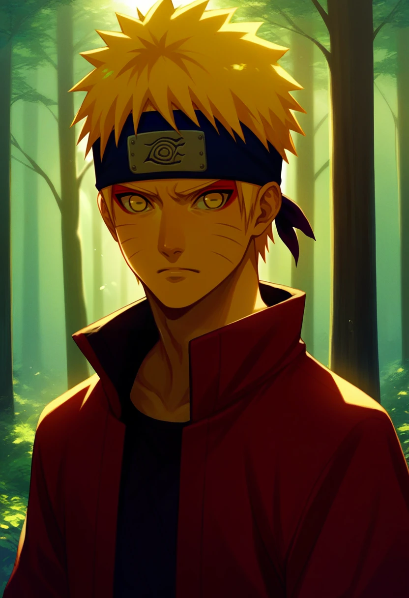 score_9, score_8_up, score_7_up, source_anime, upper body, horizontal pupils, <lora:HorizontalPupils_XLPD:1.1>, uzumaki naruto, sennin mode, makeup, yellow eyes, headband, outdoors, forest, sunlight,