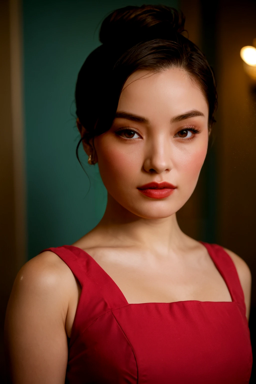cinematic film still closeup Portrait photography.  Fine facial details. Artful interplay of light and shadow. (hair updo). beautiful red dress, Pale skin. Piercing eyes. Ruby lips. Depth of field. Divine glow.  <lora:[JP]_-_Anna_Sawai_XL:.8> mt-annasawai . shallow depth of field, vignette, highly detailed, high budget, bokeh, cinemascope, moody, epic, gorgeous, film grain, grainy