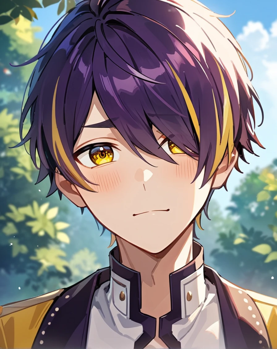 1boy, solo, male only, male focus, portrait, upper body, <lora:sengoku_shinobu_sdxl_lora:1>, (sengoku shinobu, purple hair, streaked hair, yellow hair, short hair, hair between eyes, bangs, yellow eyes), outdoors, looking at viewer, masterpiece, best quality, very aesthetic, absurdres, very detailed, sensitive, <lora:Lightning-8:0.5>