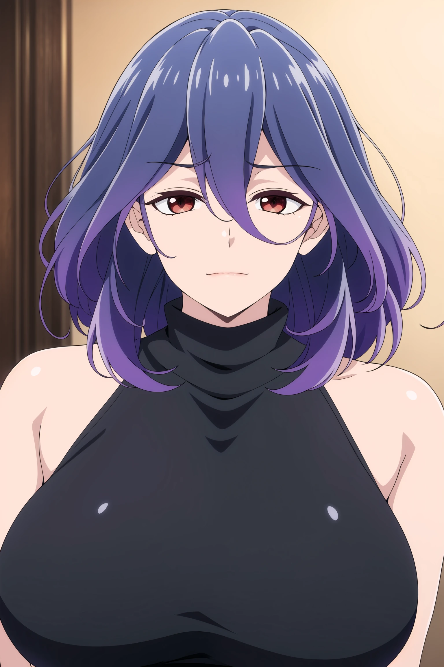 Simple Black Background,
dynamic pose,standing at attention,
Black shirt,turtleneck, bare shoulders, sleeveless,
<lora:Vermeil_in_Gold-KK77-V1:0.7>,
bangs,purple hair, red_eyes,long hair,
<lora:more_details:0.1>,<lora:Oda_Non_Style-KK77-V2:0.3>,<lora:Sexy_AIart-KK77-V1:0.3>,
1 girl, 20yo,Young female,Beautiful long legs,Beautiful body,
Beautiful Nose,Beautiful character design, perfect eyes, perfect face,expressive eyes,perfect balance,
looking at viewer,(Focus on her face),closed mouth, (innocent_big_eyes:1.0),(Light_Smile:0.3),
official art,extremely detailed CG unity 8k wallpaper, perfect lighting,Colorful, Bright_Front_face_Lighting,White skin,
(masterpiece:1.0),(best_quality:1.0), ultra high res,4K,ultra-detailed,
photography, 8K, HDR, highres, absurdres:1.2, Kodak portra 400, film grain, blurry background, bokeh:1.2, lens flare, (vibrant_color:1.2),professional photograph,
(Beautiful,huge_Breasts:1.4), (beautiful_face:1.5),(narrow_waist),