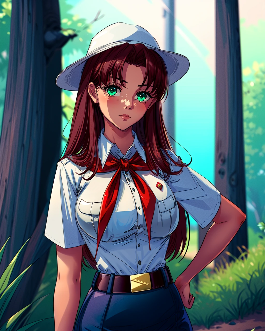 masterpiece, high quality, blolga, 1girl, standing, medium shot, upper body, dynamic pose, green eyes, brown hair, looking at viewer, white shirt, red badge on shirt, red bow-tied neckerchief, leather belt, blue skirt, white hat, detailed hands, outdoors, forest, day, tree, <lora:blolga:0.7>, <lora:add_detail:0.5>