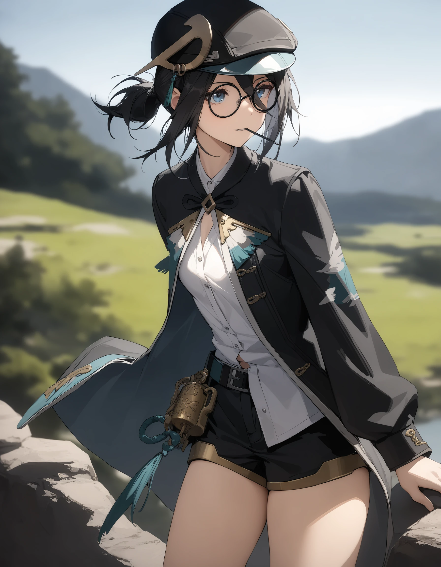 masterpiece,best quality,very aesthetic,absurdres,high detailed,landscape,depth of field,(cinematic:1.2),cinematic angel,
looking_ahead,outdoors,
<lora:maque_xl:0.8>,fellowmoon-maque,1girl,solo,shorts,hat,blue eyes,black hair,black shorts,shirt,black headwear,round eyewear,white shirt,cowboy shot,jacket,black jacket,mouth hold,long sleeves,jewelry,