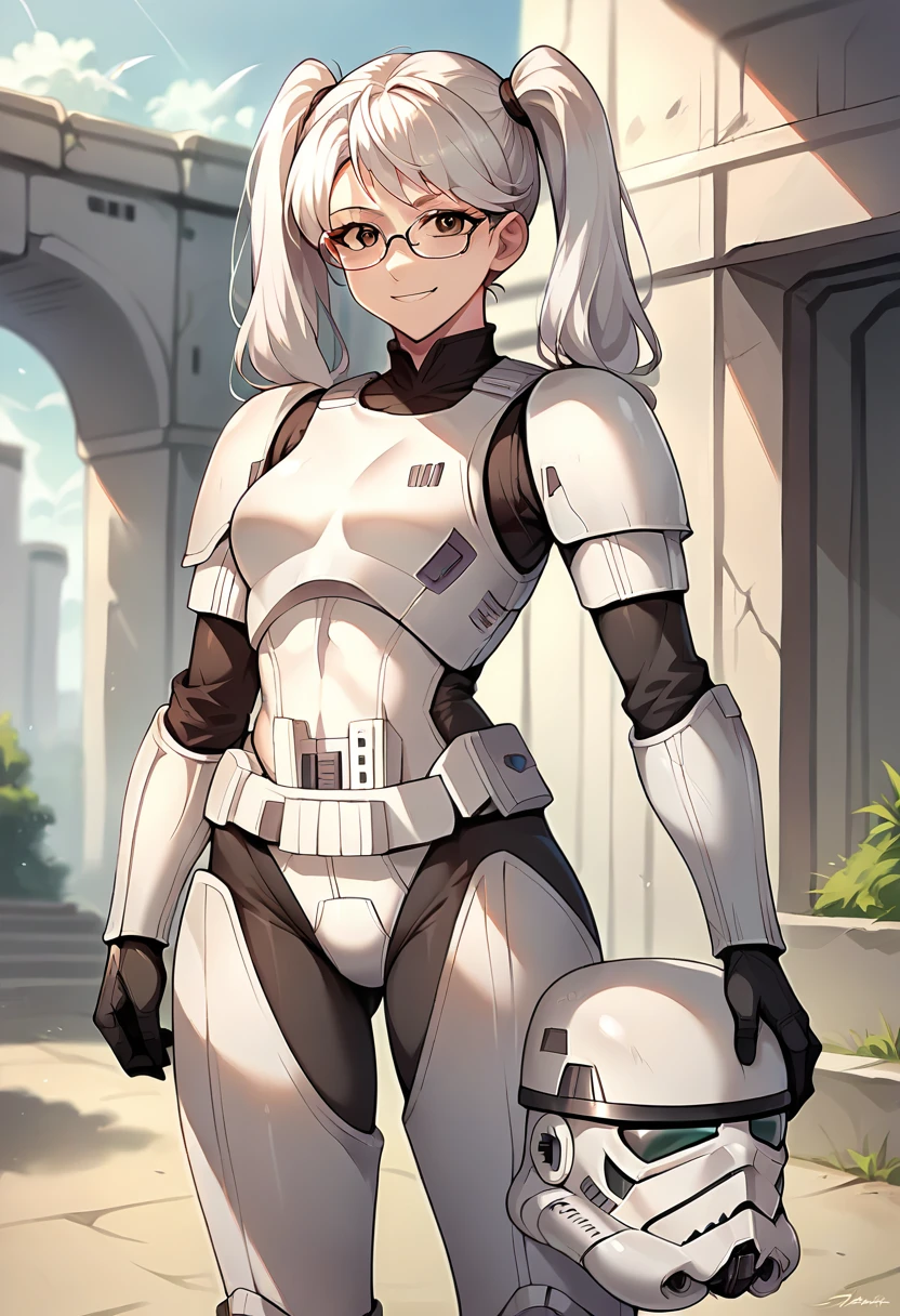 score_9, score_8_up, score_7_up, source_anime, masterpiece, 1girl, solo, twintails, white hair, ctiantk421, armor, leotard, bodysuit, greaves, black gloves, looking at viewer, helmet removed, outdoors, holding helmet, <lora:Stormtrooper_tk421_pony_clothing_ct:0.7>, glasses, smile,