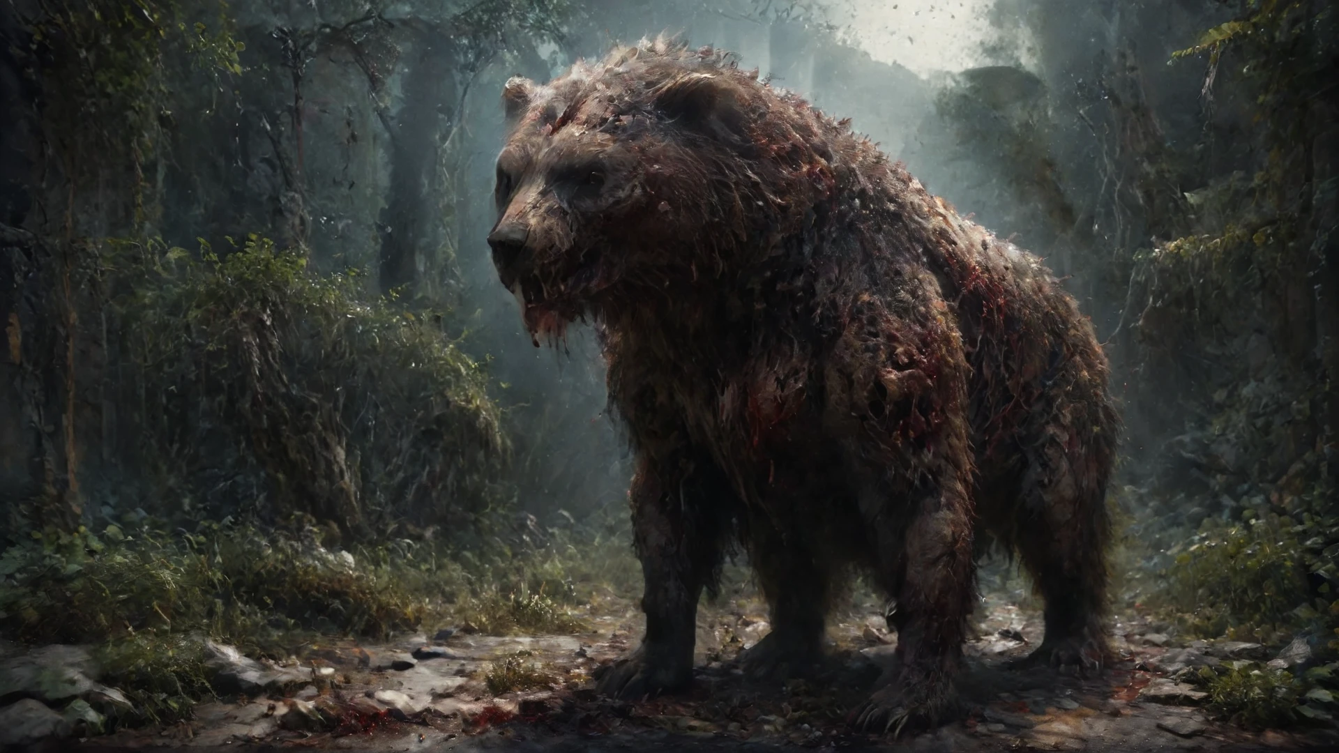 Crystal clear image, clear image, award-winning photo, bear, zombie, undead, professionally color graded, best quality, highly detailed, sharp focus, high quality, 8k image, epic photography, Pieces of decaying flesh hang off, skull, monster, tree, Animal, city, volumetric lighting, cinematic lighting, photo realistic, rendered in 8K resolution, High-Quality Artwork, walking, bloody, realistic, decay skin, overgrown plants, ultra realistic skin, ultra realistic face, ultra realistic background, ultra realistic Environmental,