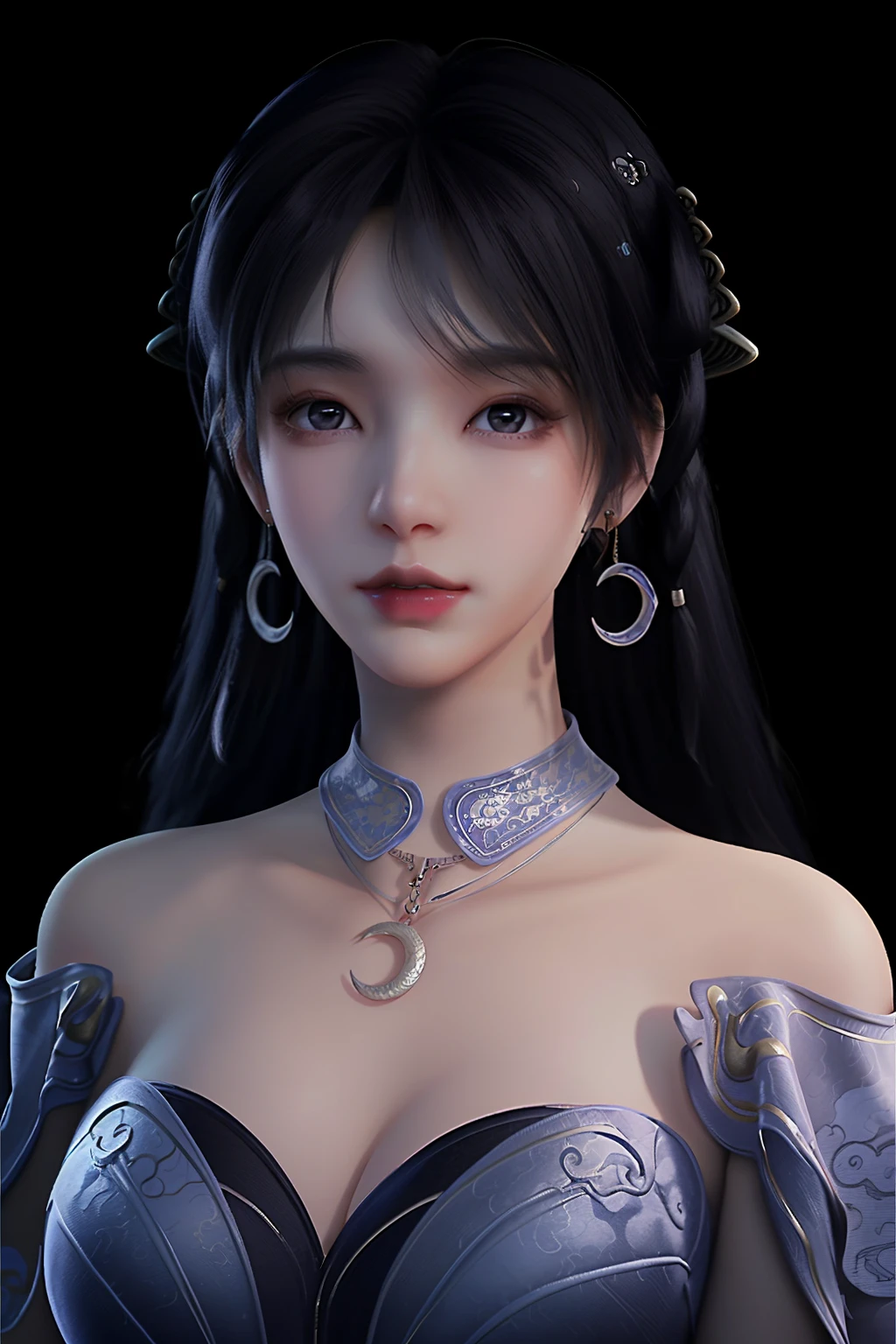 <lora:JiZiyueV2-000001:1>,jiziyue,1girl,solo,jewelry,earrings,black hair,long hair,realistic,crescent,breasts,crescent earrings,dress,necklace,bare shoulders,lips,upper body,looking at viewer,simple background,cleavage,black background,