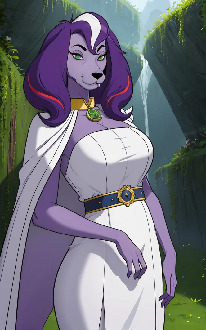 ((masterpiece,best quality)),(highres), sunlight,
WhiteCap_BrainyBarker_ownwaifu,
dog tags, green eyes, purple fur, white cape, no humans, animalization, dog, purple hair, collar, cape, jewelry, furry, multicolored hair, necklace,
(seiza)<lora:CARTOON_BrainyBarker_ownwaifu:0.7>,
ornate architecture, overgrown, vanishing point, depth_of_field, scenery, solo, cowboy shot, looking at viewer, absurdres,