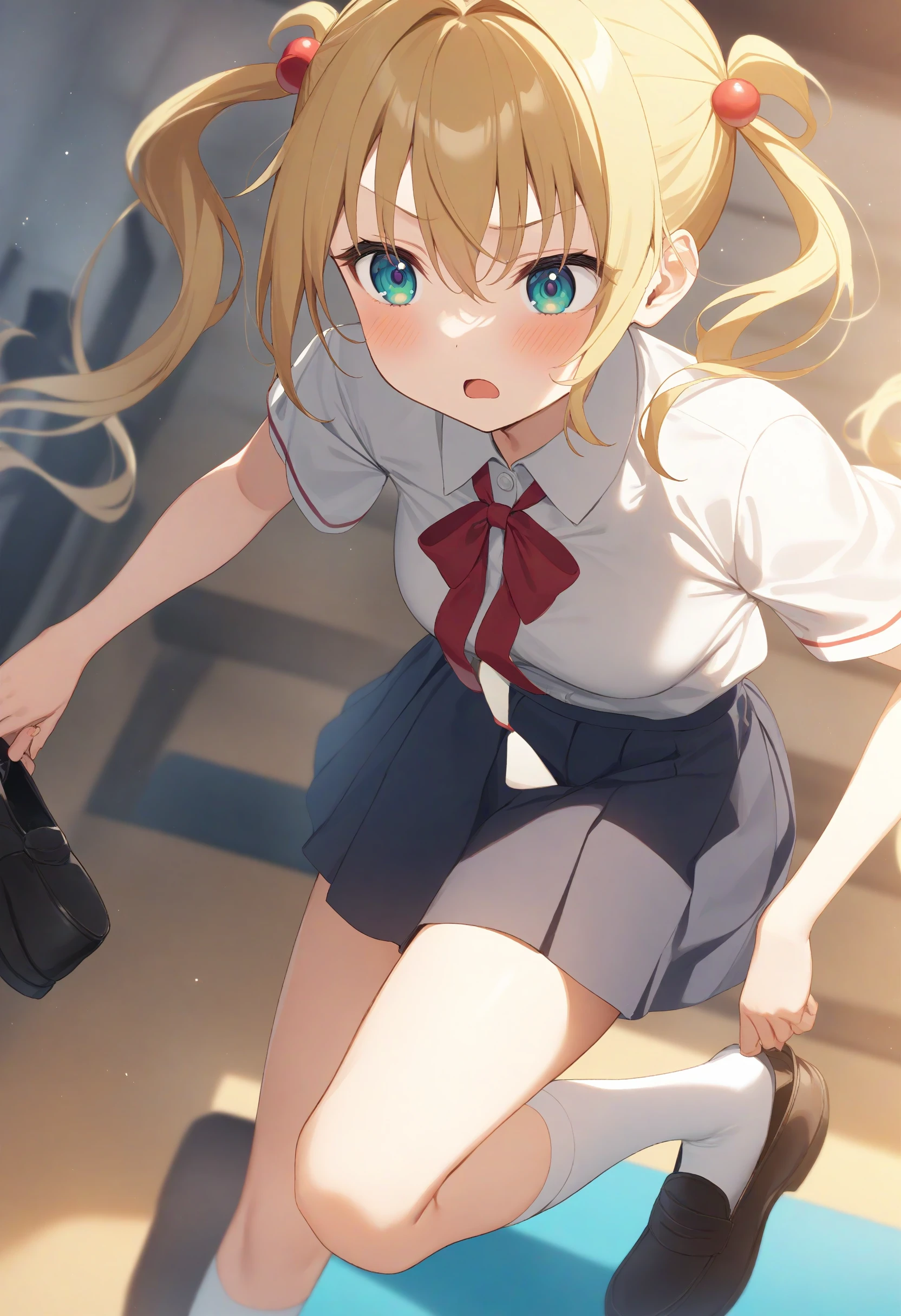 1girl,sincos, ningen mame, toosaka asagi,solo,medium breasts,school uniform,
adjusting footwear,adjusting clothes,putting on shoes,shoes,<lora:adjustingfootwear_XL_v1:0.8>
dutch angle, cinematic angle, looking away, blonde hair, green eyes,frown, gymnasium, open mouth, quad tails hair,,
best quality, very aesthetic, absurdres