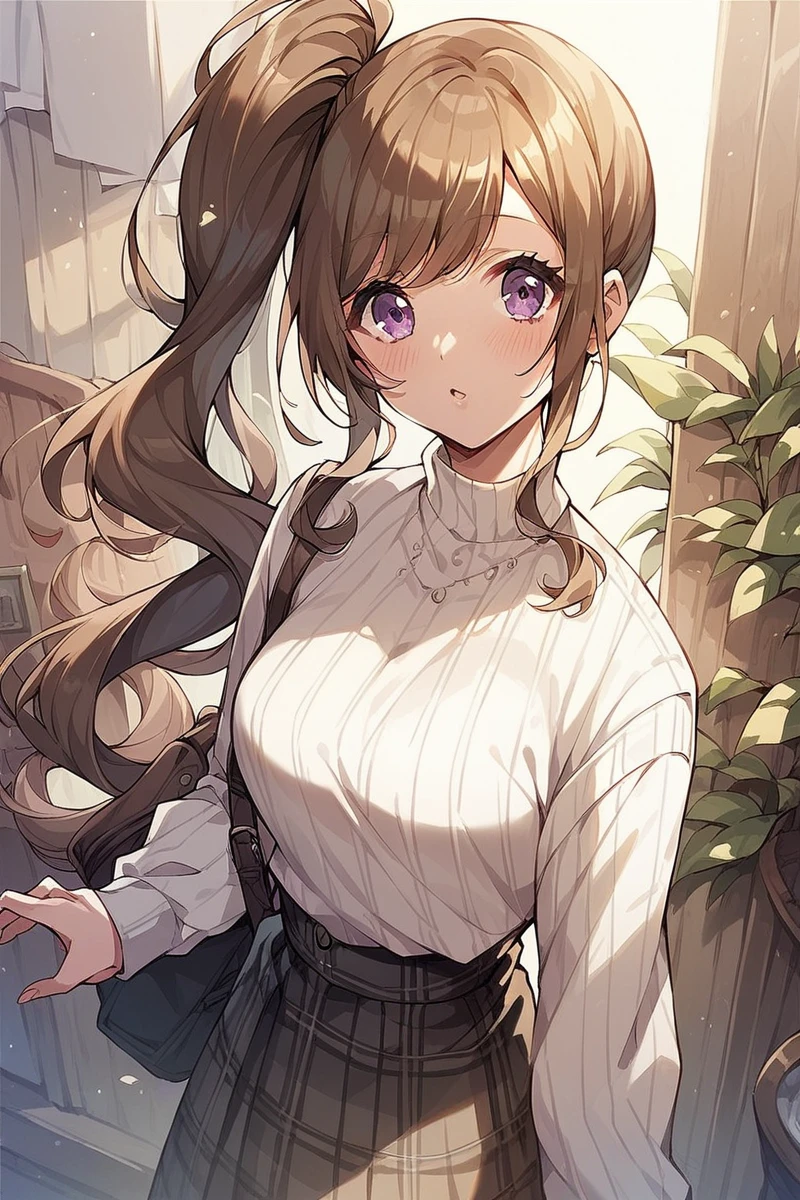 score_9, score_8_up, score_7_up, score_6_up, 1girl,
 <lora:Mizushima_Marika_r2:0.9> marika, brown hair, purple eyes, long hair, side ponytail, long plaid skirt, white sweater,