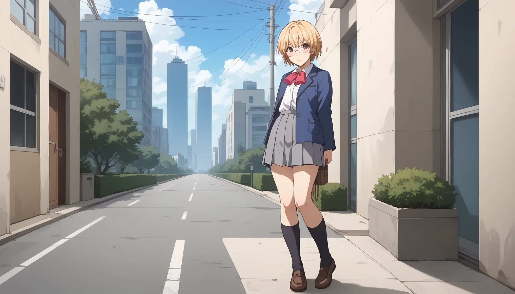 <lora:ShokoShimuraXLpony001>,
score_9,score_8_up,score_7_up,
BREAK
anime_source,rating_explicit,best quality,masterpiece,aesthetic,highly detailed,perfect anatomy,source_anime,very cute,
solo,
ShokoShimura,1girl,blonde hair,short hair,brown eyes,eyewear,
school_uniform,blue jacket,red bowtie,
pleated_skirt,gray skirt,
black socks,
full body,standing,
realistic background,
sunlight,city,skyscraper,road,