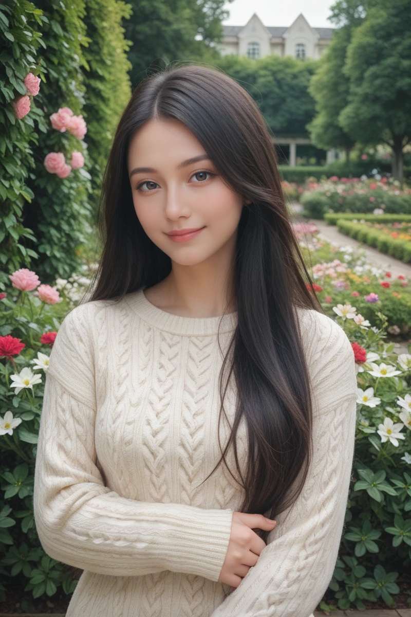 score_9,score_8_up,score_7_up,
masterpiece, 20 years old, 8k, hd, beautiful girl, black hair, very long hair, straight hair, light smile,
1girl, detailed face, beautiful woman's face, sweater, garden, full of flowers, looking at viewer, upper body, half body,