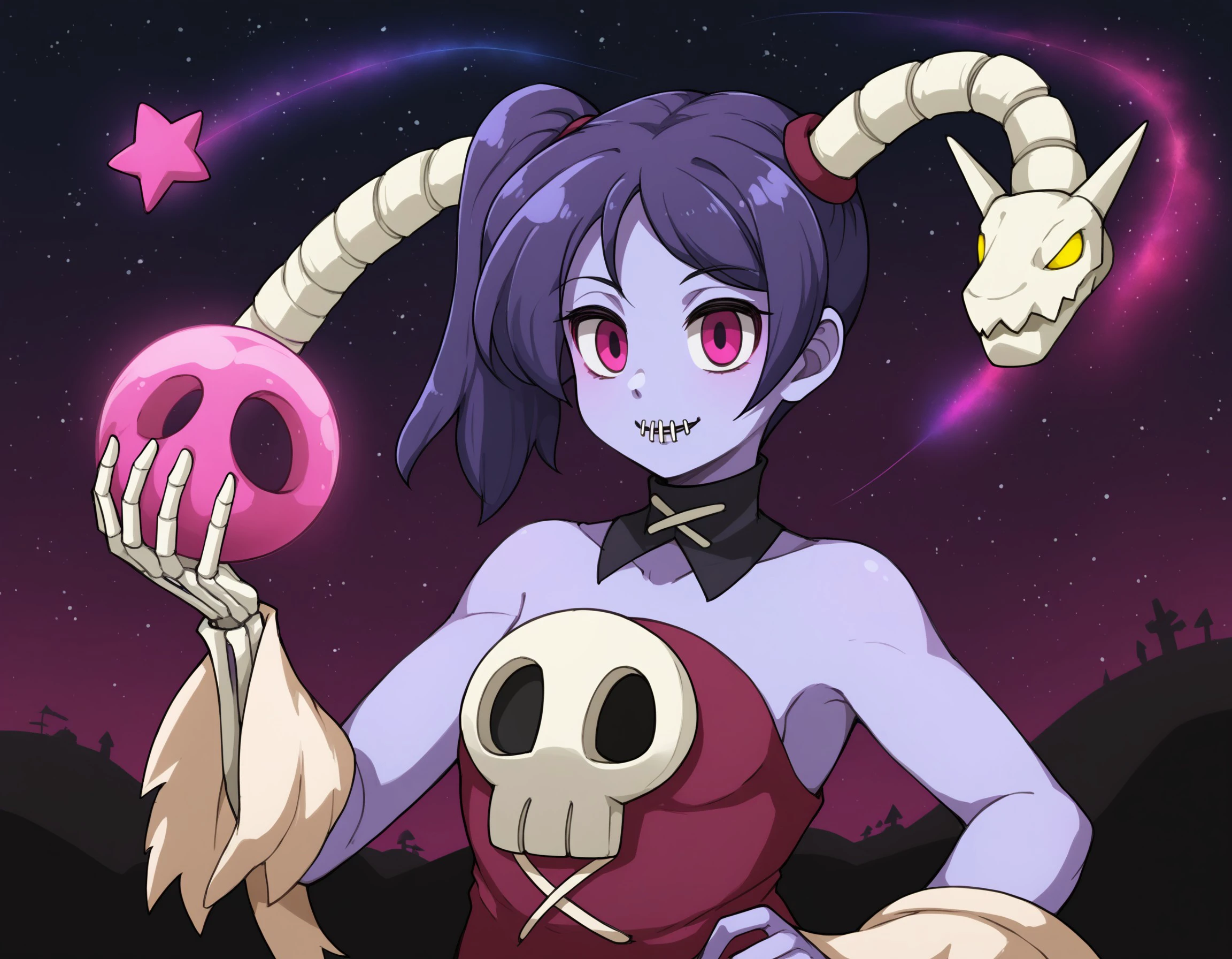 Squigly, hair in a side ponytail, detached collar, colored skin, skull, stitches, zombie-like appearance, holding a giant planet, distant twinkling stars., <lora:633cc171-ba93-4c39-8d2d-c6d0dc488299:0.7>