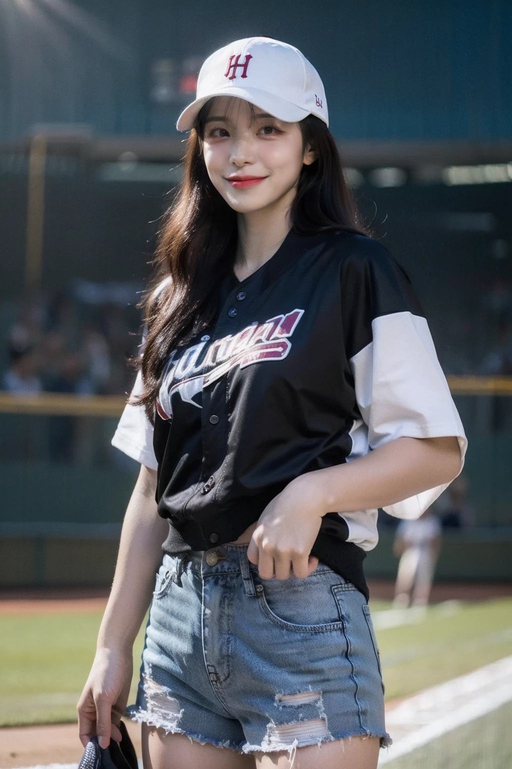 (realistic), (hyperrealism),best quality, masterpiece,ultra high res, (photorealistic:1.4),1girl,solo, realistic, looking at viewer, baseball jacket, jean shorts, tshirt, baseball cap,<lora:makina69_leedahye_v1.0:1>, parted lips, slight grin, stadium