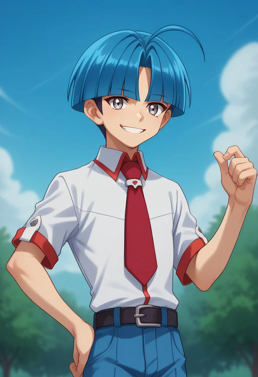 score_9, score_8_up, score_7_up, source_anime, highly detailed, 
caswell, 1boy, male focus, solo, blue hair, necktie, ahoge, red necktie, grey eyes, smile,
belt, shirt, school uniform, bangs, looking at viewer, hand on hip, blue pants, pants, white shirt,
outdoor, sky, upper body,