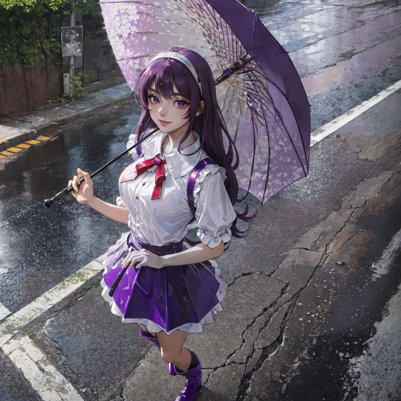 (8k:1.4), masterpiece, best quality, (super fine illustration:1.2), ultra detailed, fine textured, crisp,from above, looking at camera,1beautifulwoman(26yearsold),umbrella, rain long hair, purple hair color, hair band white, (purple eyes),(Sheerlacetopsinnerwear), (faux leather long skirt) , (black rain boots ),cute smile in hydrangea street