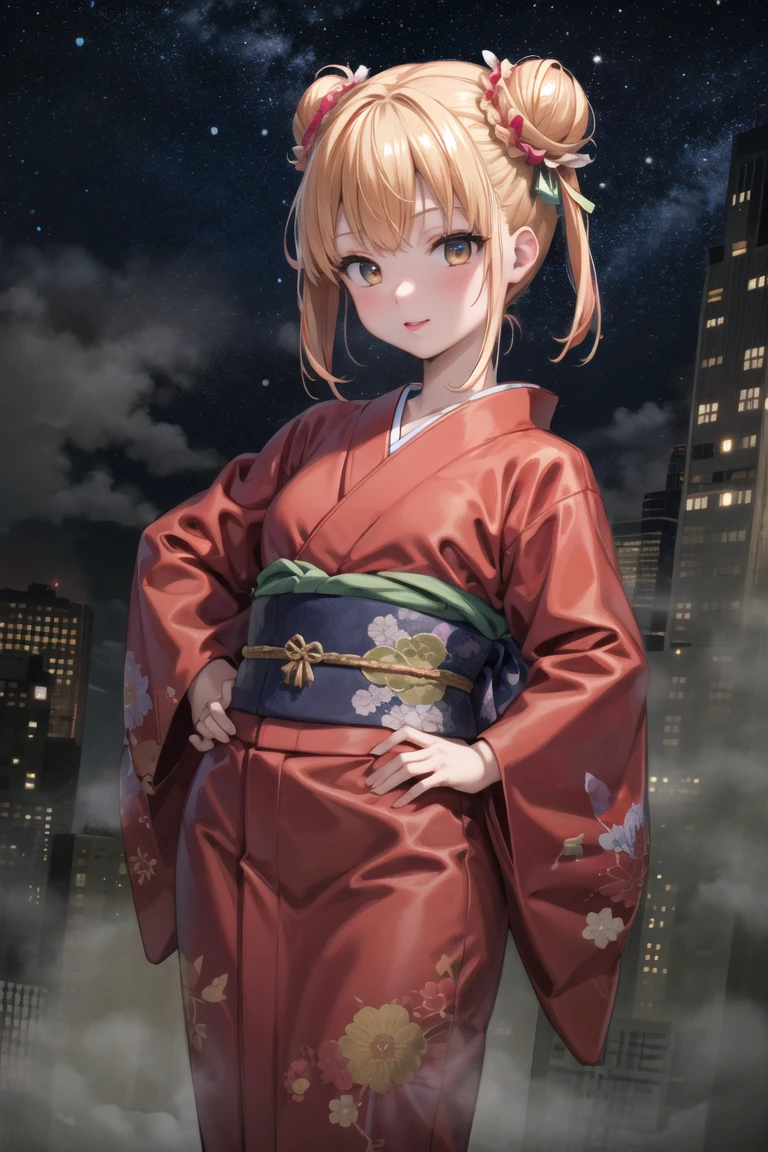 (masterpiece, best quality:1.2), 1girl, solo, cowboy shot,
on top of a building, at night, (heavy fog:1.3) and bright stars,
wearing a kimono,  hands on hips, 
lipstick, eyeshadow, (short hair:1.1), (double bun hair:1.1), (oily skin:1.1), 
<lora:takeda_hiromitsu-10:1.0:lbw=ALL>