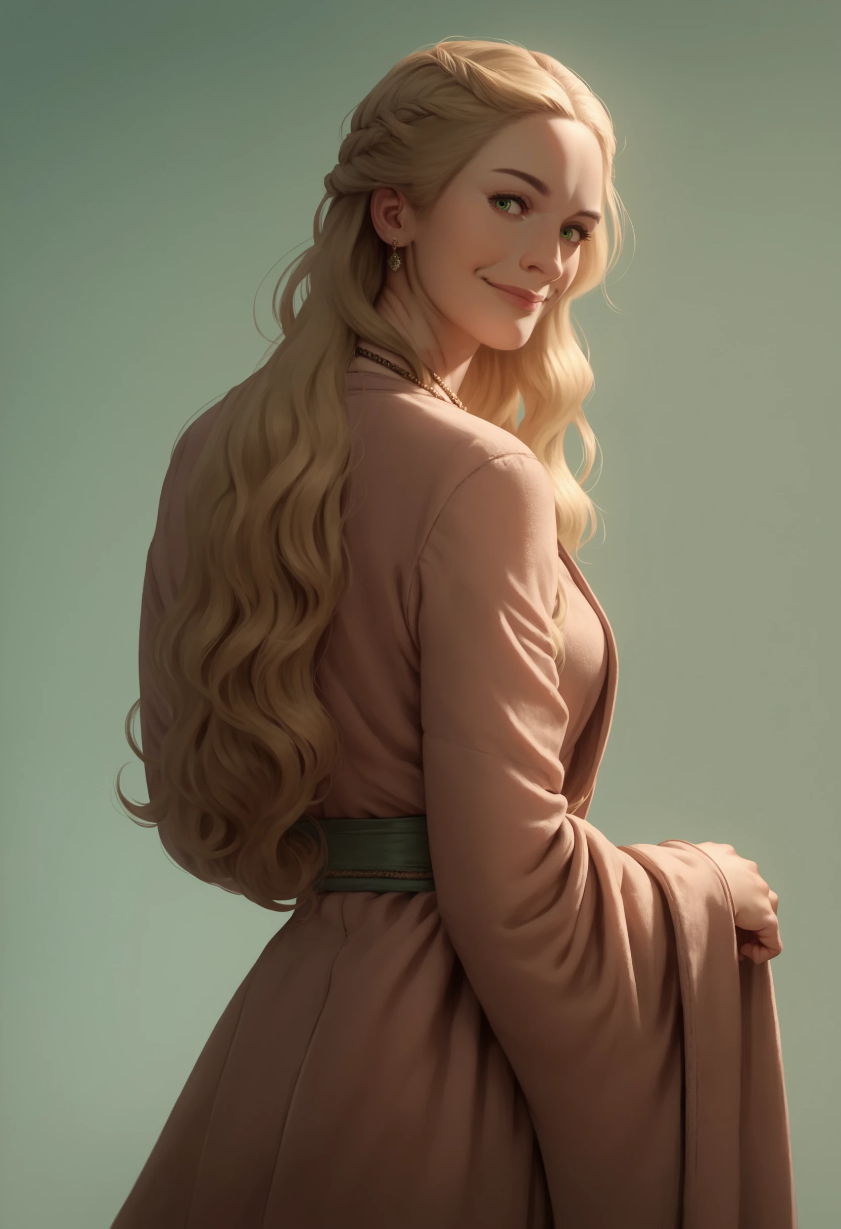 score_9, score_8_up, score_7_up, score_6_up, score_5_up, score_4_up, 1girl, <lora:CerseiLannister_r1:0.8> solo, medium breasts, long hair, blonde hair, green eyes, jewelry, necklace, robe, smile, from behind, looking back, 
light blue background, simple background, realistic,