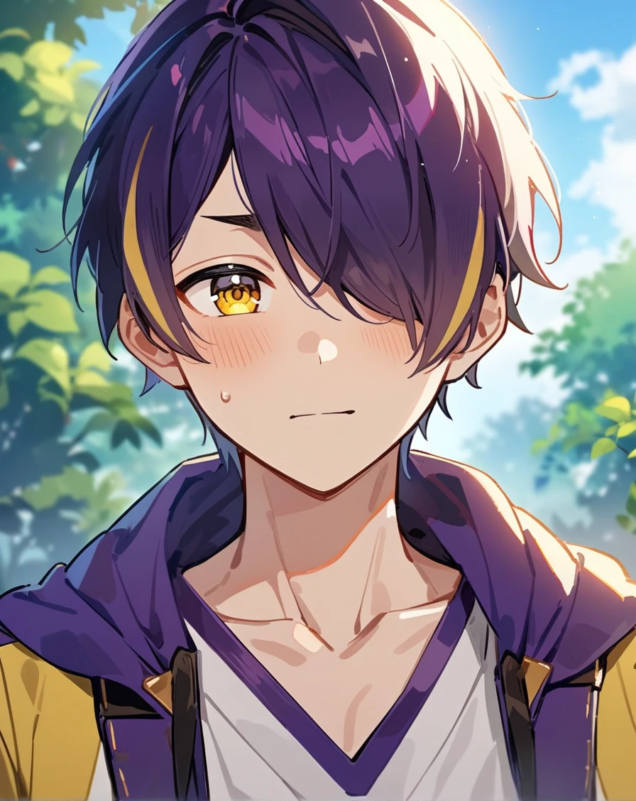 1boy, solo, male only, male focus, upper body, <lora:sengoku_shinobu_sdxl_lora:1>, (sengoku shinobu, purple hair, streaked hair, yellow hair, short hair, hair between eyes, bangs, yellow eyes), outdoors, looking at viewer, masterpiece, best quality, very aesthetic, absurdres, very detailed, sensitive, <lora:Lightning-8:0.5>