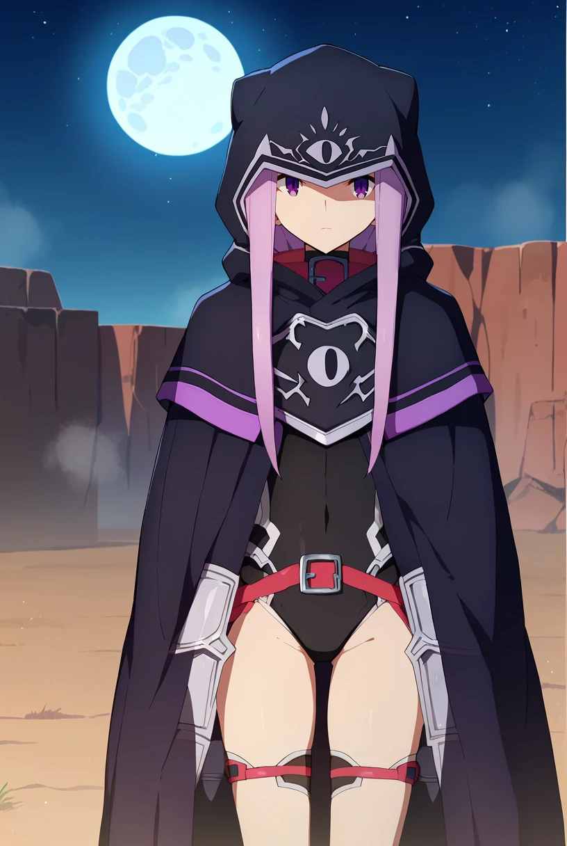 score_9, score_8_up, score_7_up, source_anime,
<lora:FateGrandOrder_AnaMedusaXL:0.9>, AnaFGO,
1girl, closed mouth,
lavender hair, purple eyes, (hood up:1.4), hood,
hooded cloak, black cloak, red collar, black leotard, armor, thigh strap,
looking at the viewer, facing viewer, thigh gap, arms at sides
outdoors, night, moon, fog, desert