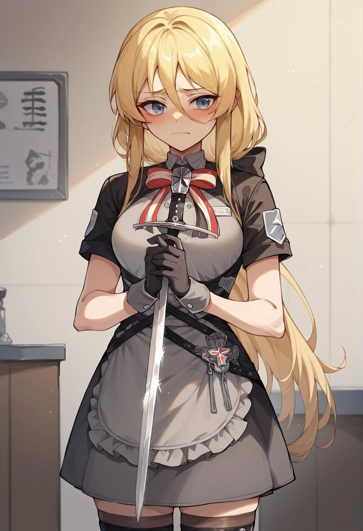 1girl, long hair, blonde hair, blue eyes, low ponytail, maid, grey shirt, short sleeves, skirt, apron, gloves, ribbon, thigh boots, thigh strap, standing, holding sword, embarrassed, blushing, looking at viewer  <lora:Bismark_XL:1>, score_9, score_8_up, score_7_up, score_6_up, score_5_up, score_4_up, (m-da s-tarou:0), masterpiece