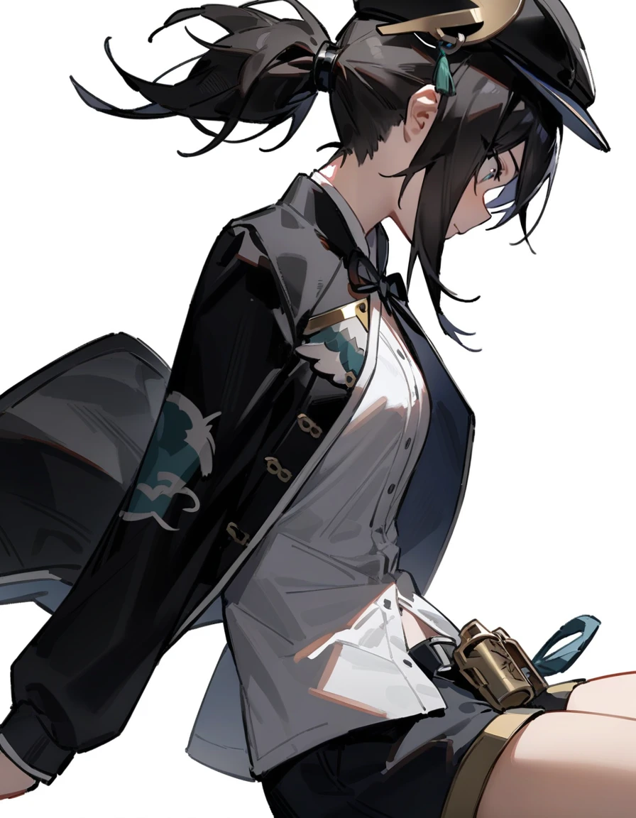 masterpiece,best quality,
<lora:maque_xl:0.8>,fellowmoon-maque, 1girl, solo, shirt, shorts, black hair, white shirt, hat, white background, black headwear, black shorts, simple background, long sleeves, jacket, ponytail, sidelocks, black jacket, from side